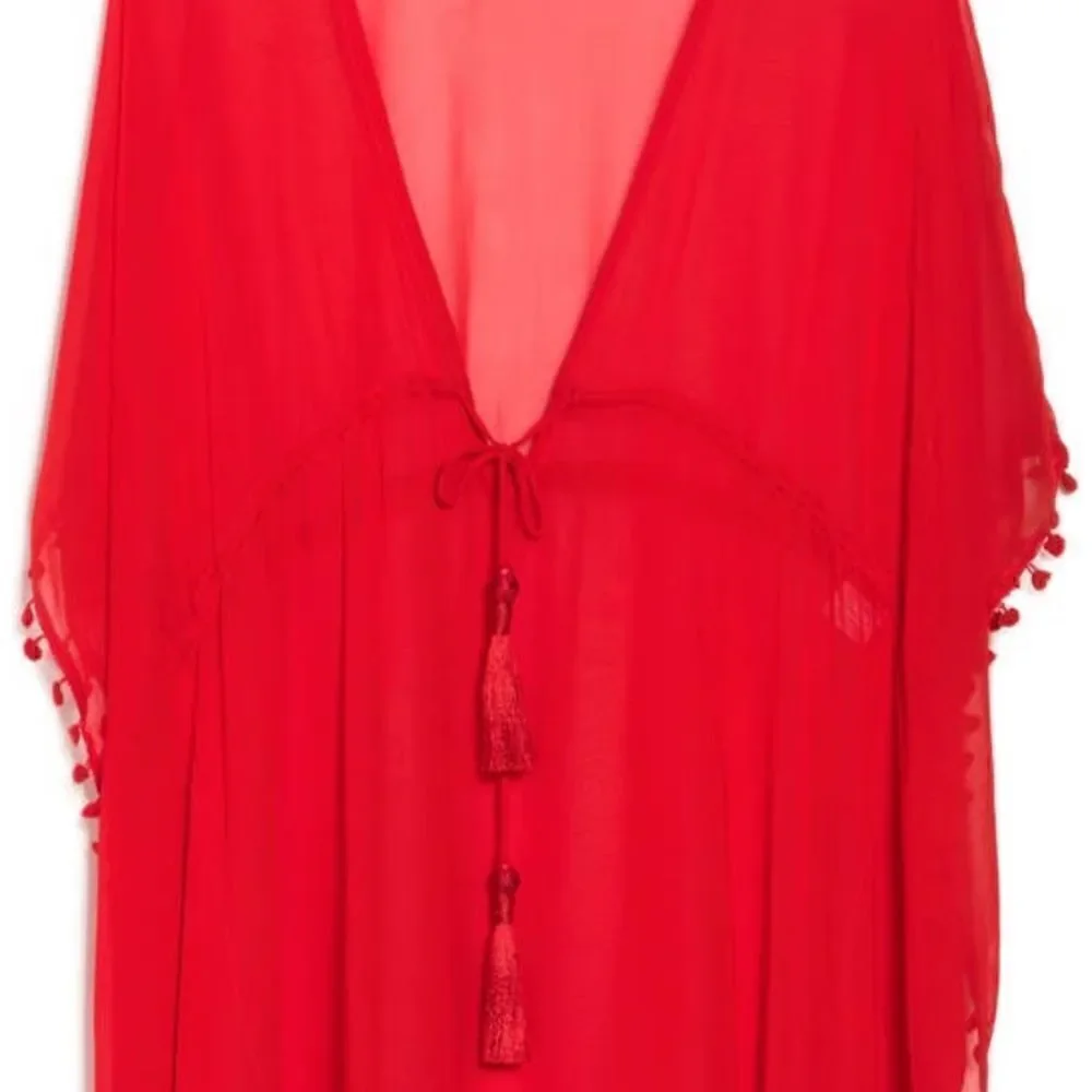 11-Cherry Red Tassel Trim Short Swim Cover by Shahida Parides